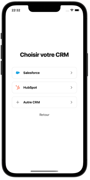 Écran Choisir votre CRM - Options Salesforce, HubSpot, Autre CRM