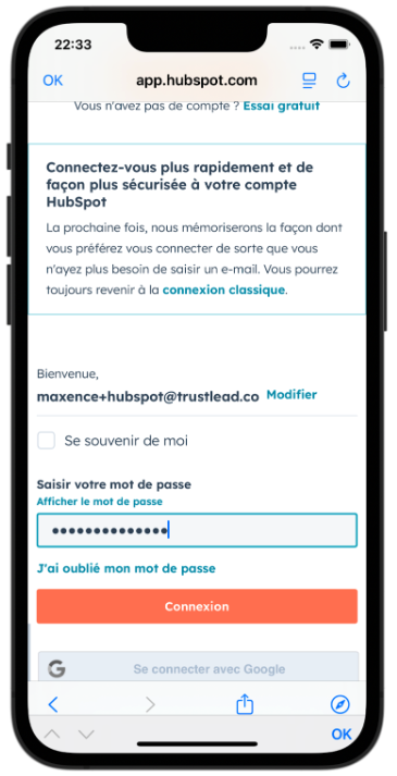 Page de connexion HubSpot en français - Options de connexion
