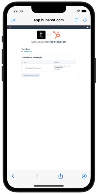 Écran de sélection de compte HubSpot