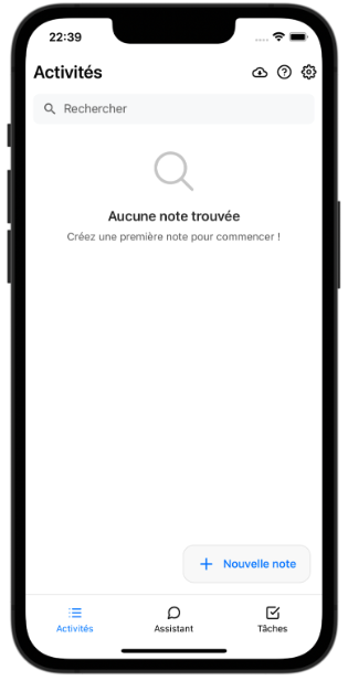 Écran Activités vide avec bouton Nouvelle note