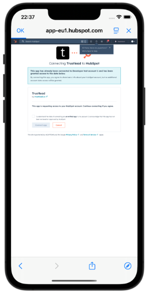 Écran de consentement HubSpot - Connecting Trustlead to HubSpot