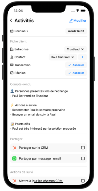 Détail de l'activité avec compte-rendu et options de partage